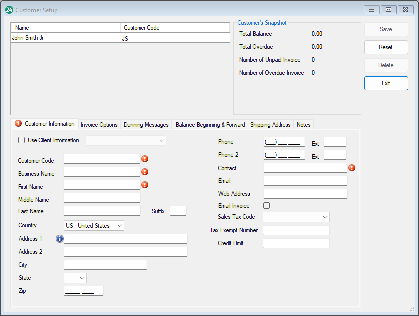 Customer Setup screen